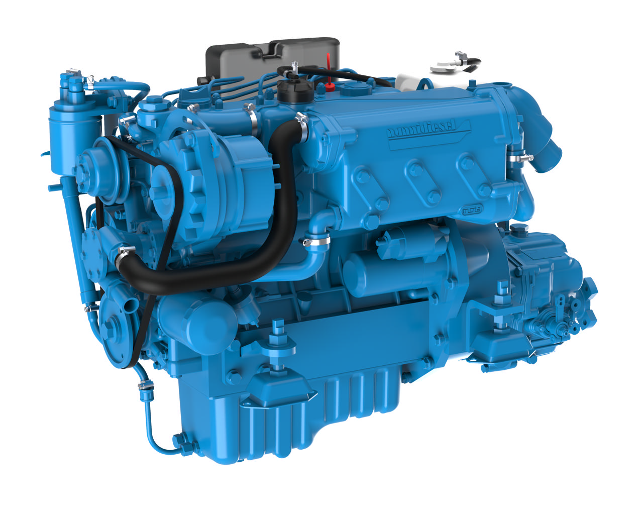 En N4.38 marinemotor fra Nogva på hvit bakgrunn
