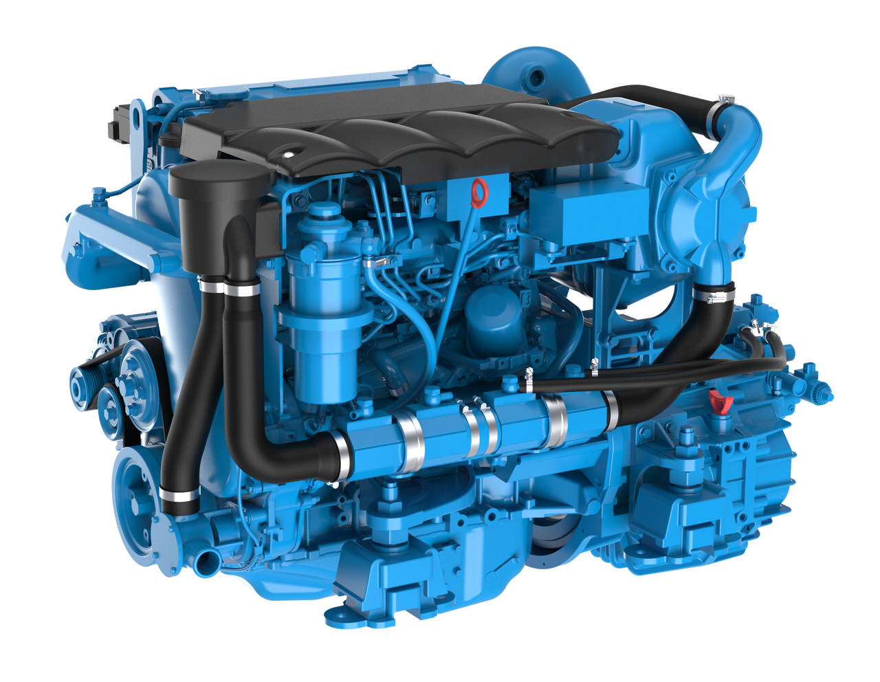En T4.230 marinemotor fra Nogva på hvit bakgrunn